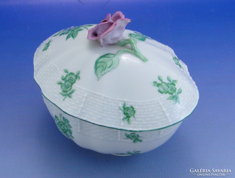 0A044 Antik zöld virágmintás Herendi porcelán bonbonier
