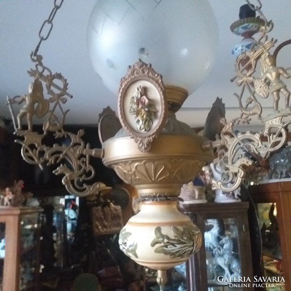 Old bronze, copper figural majolica chandelier lamp, chandelier.