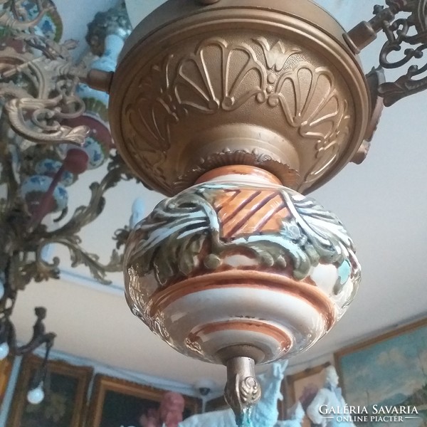 Old bronze, copper figural majolica chandelier lamp, chandelier.