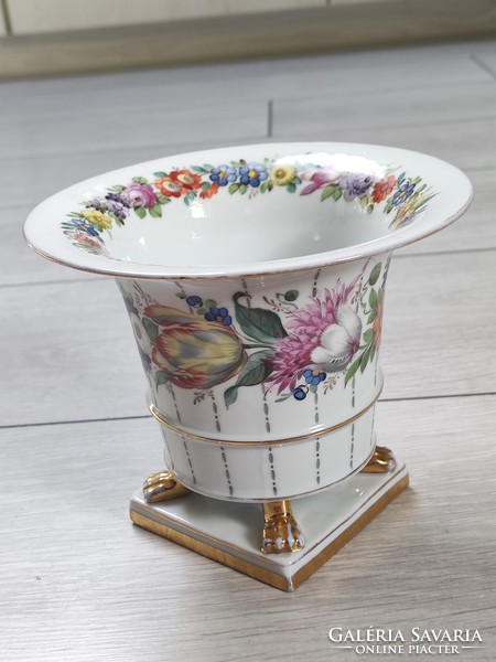 Herend vase in a pot on lion claws with colorful flower decor 1930s