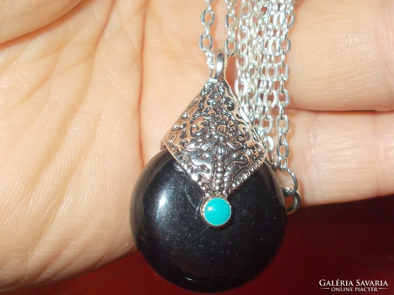 Night black stone ornate turquoise coral Tibetan silver necklace