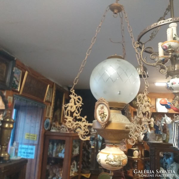Old bronze, copper figural majolica chandelier lamp, chandelier.