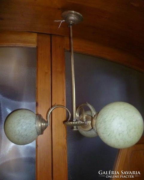Antique three marble spherical copper chandelier