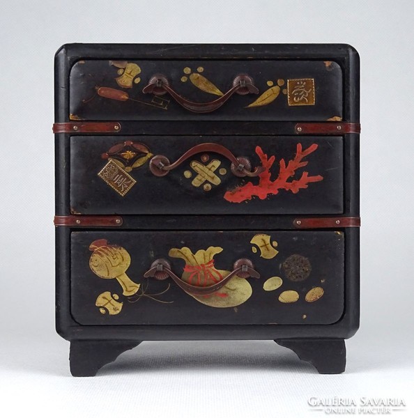 1H183 antique oriental small three drawer hand painted black chinese jewelry cabinet