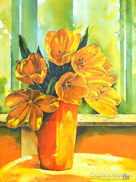 A. L. W.: Virágcsokor sárgában, 2000 - modern művészi reprodukció, keretezve