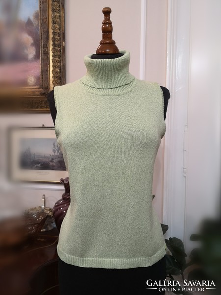 Tom tailor l-xl pistachio green sleeveless knit turtleneck silver metallic thread blouse