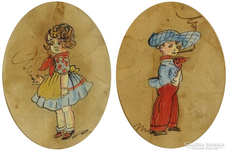 1H199 Smoking Children Framed Silk Picture Pair 21.5 X 18cm