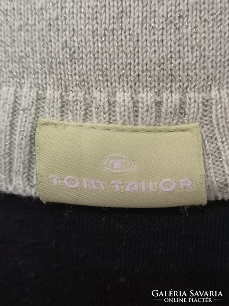 Tom Tailor L-XL-es pisztácia zöld ujjatlan kötött garbo ezüst fémszálas blúz