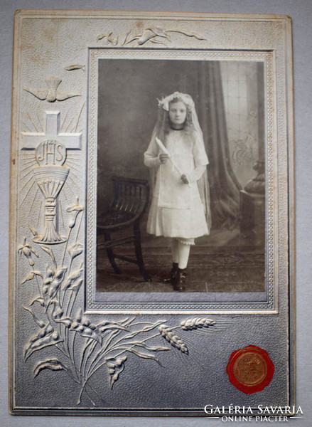 Antique first communion commemorative photo in beautiful embossed paper frame