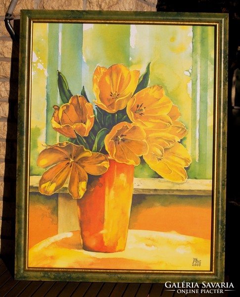 A. L. W.: Virágcsokor sárgában, 2000 - modern művészi reprodukció, keretezve