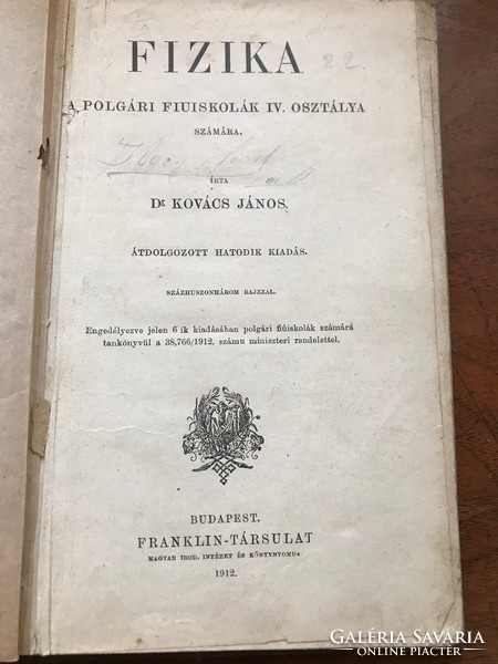 Dr. János Kovács-physics, 1912 edition, in wearing condition.Bp. Franklin Company