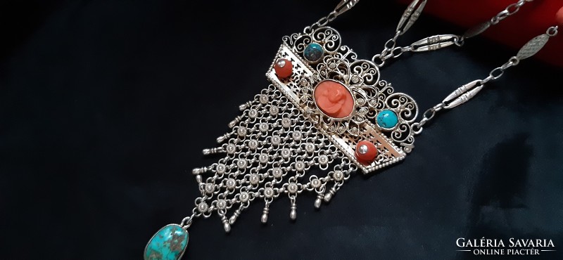 Antique silver necklace with coral cameo and turquoise