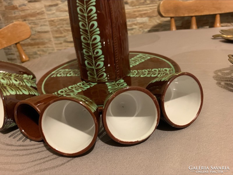 Rare Városlód ceramic brandy set with shaped spout + tray + 6 cups, also as a gift