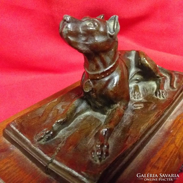Old bronze tin Danish dog lying dog figurine, figural sculpture figurine.