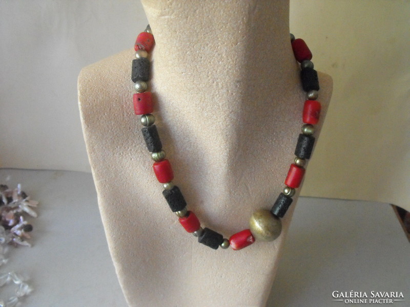 Coral, lava stone, cultured pearl necklace with silver clasp