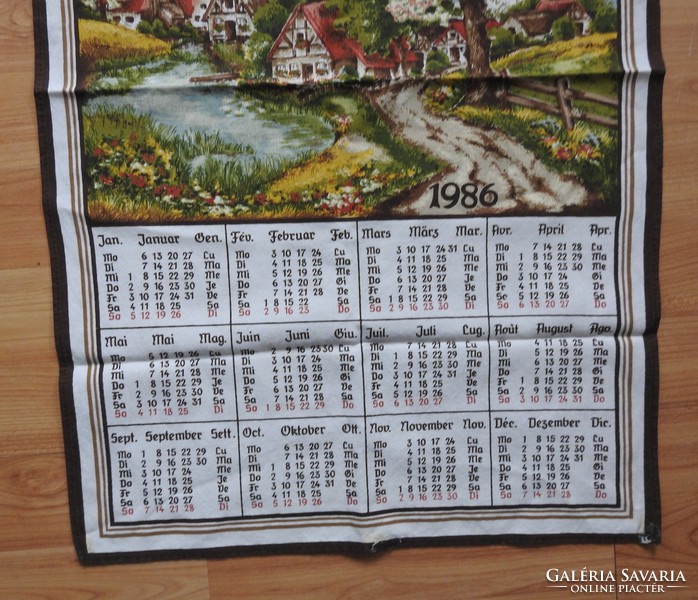 Vintage fali szövet naptár tájképpel 1986