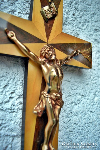 Antik fém arany ozott Jézus Krisztus (16 cm), 30cm politúrozott feszület, kereszt, korpusz.