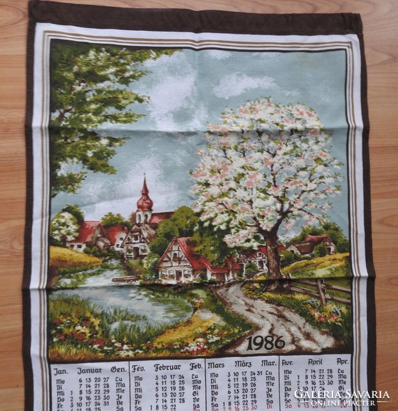 Vintage wall cloth calendar with landscape 1986