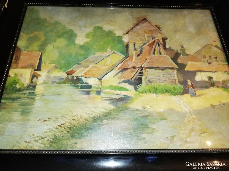 With unknown signature: village idyll. Oil on canvas with maybe Slovak or highland houses