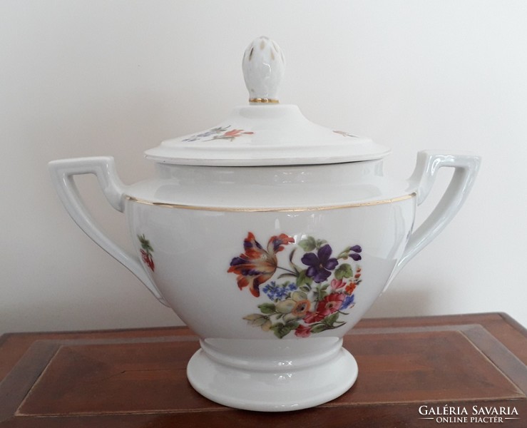 Old porcelain large floral sugar bowl schlaggenwald h.C. Art deco bonbonier