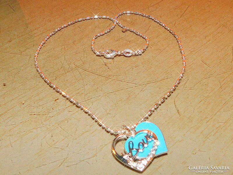 Turquoise blue love inscription double pendant white gold gold filled necklace