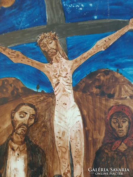 Unknown contemporary painter: Christ on the cross with peasants
