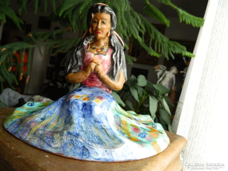Applied art small sculpture ceramics: gypsy girl -marked: fábryné