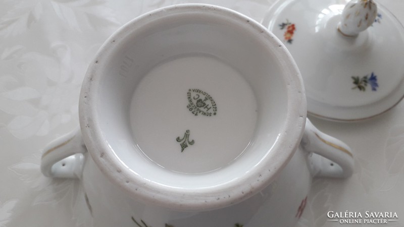 Régi porcelán nagy virágos cukortartó Schlaggenwald H.C. art deco bonbonier