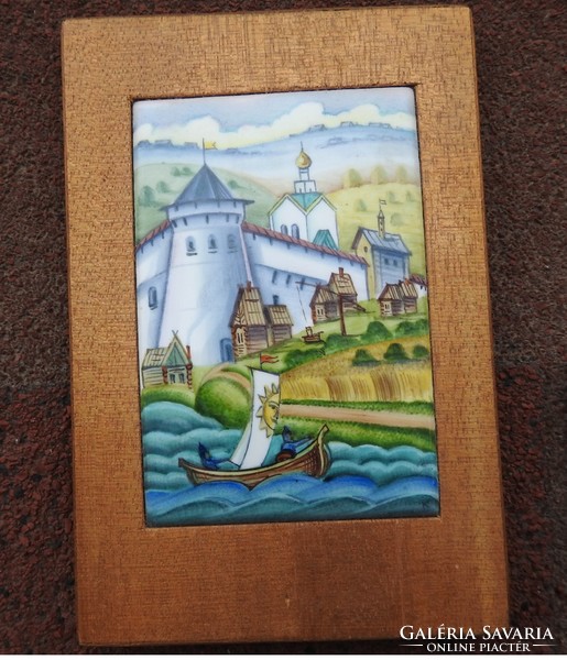 Tűzzománc miniatúra festmény, orosz tájkép -limoges