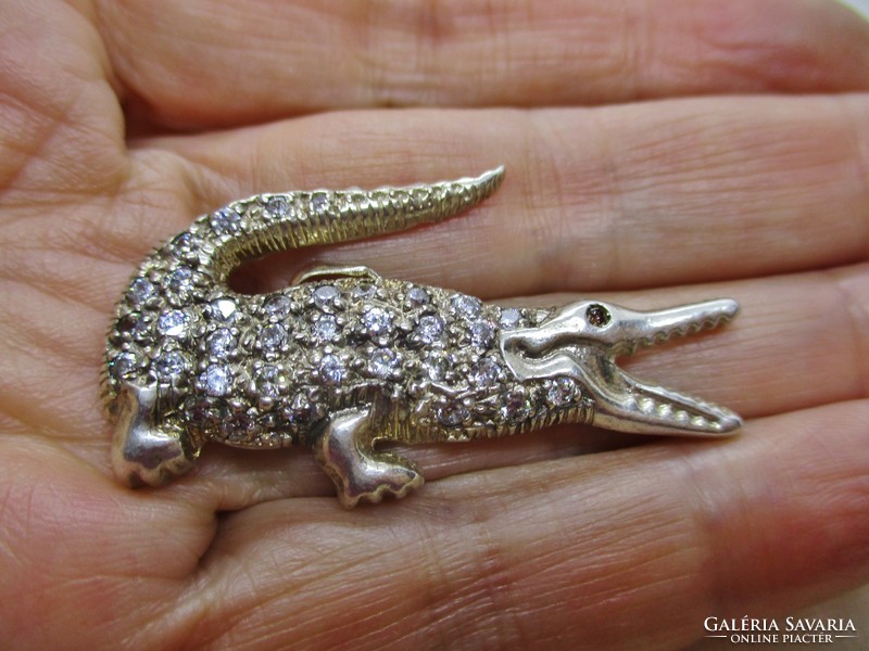 Wonderful old silver crocodile pendant with white stones