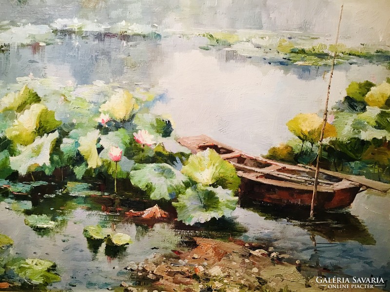 György Árkos: water lily oil canvas 50x60 cm painting