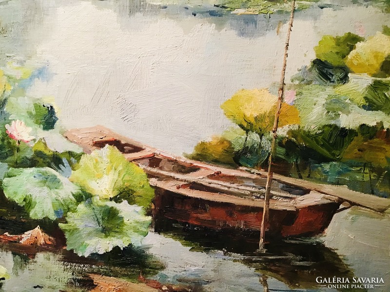 György Árkos: water lily oil canvas 50x60 cm painting
