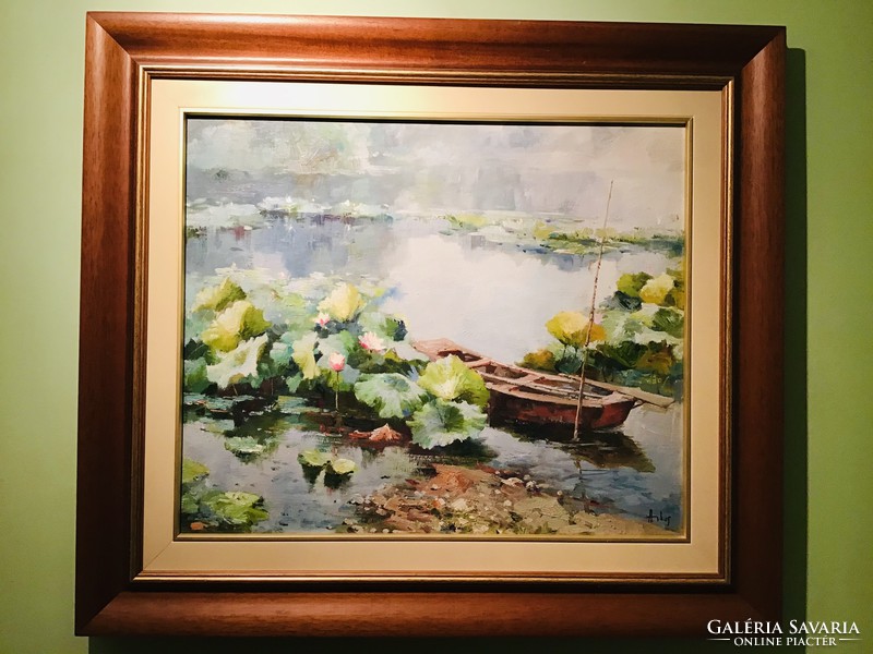 György Árkos: water lily oil canvas 50x60 cm painting