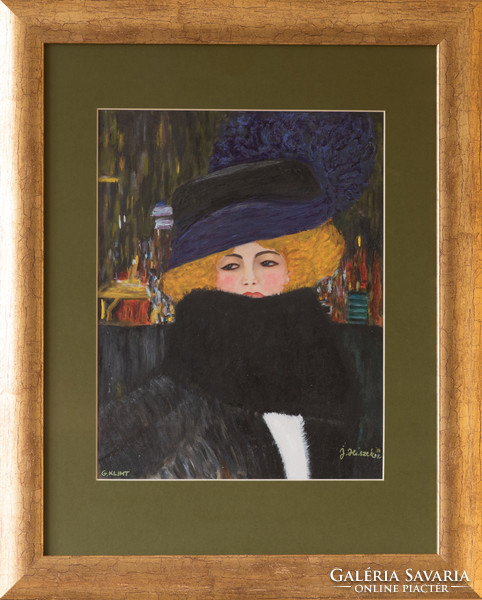 KÜLÖNLEGESSÉG! Dr. Hiszekné Judit, Klimt, Hölgy kalapban című selyemakvarell képe