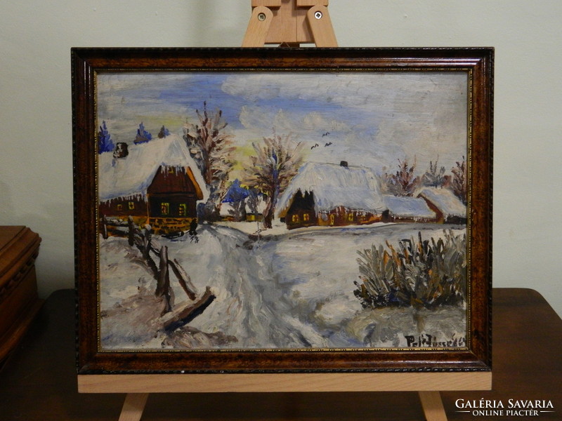 Old signed winter village painting on glass substrate