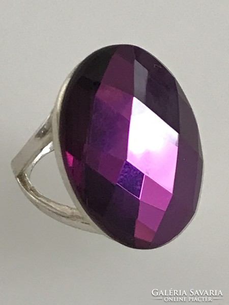 Silver-plated ring with huge bishop's purple faceted crystal, size 57
