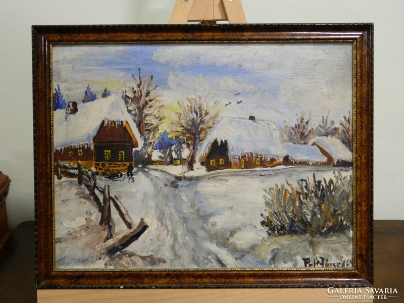 Old signed winter village painting on glass substrate