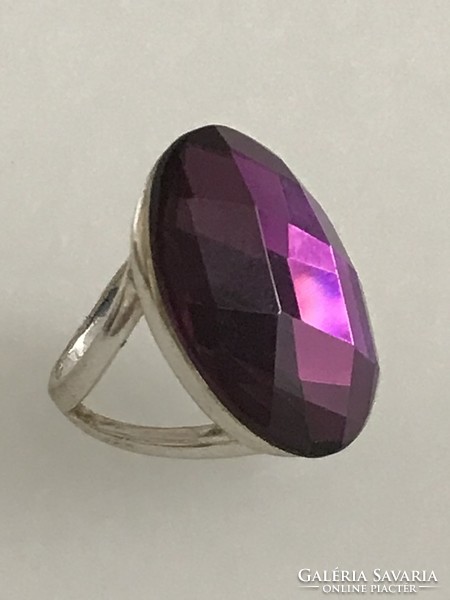 Silver-plated ring with huge bishop's purple faceted crystal, size 57