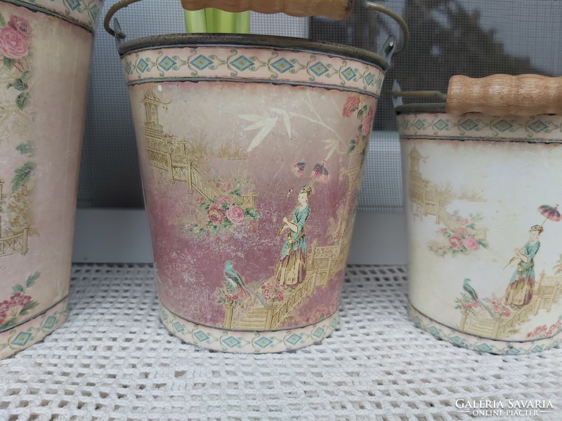 Beautiful vintage scene in tin metal bucket pot with fabulous pieces of rosy floral chinese geisha