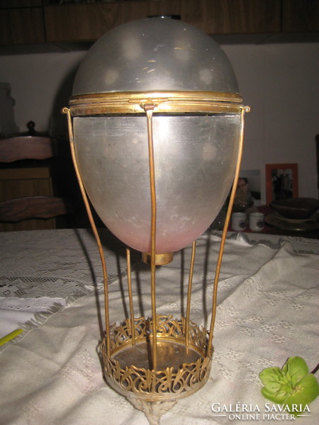 Openable glass egg with copper fitting, nice old hand-painted object with place for drink glasses