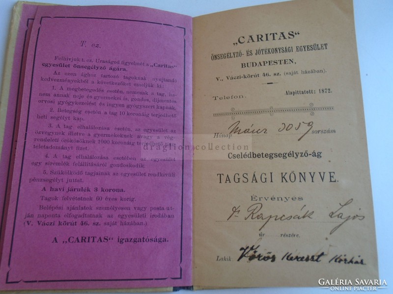 ZA378A1 Caritas Önsegélyző Egyesület  Cselédbetegsegélyző-ág könyve 1900 Rapcsák Lajos - V.K. Kórház