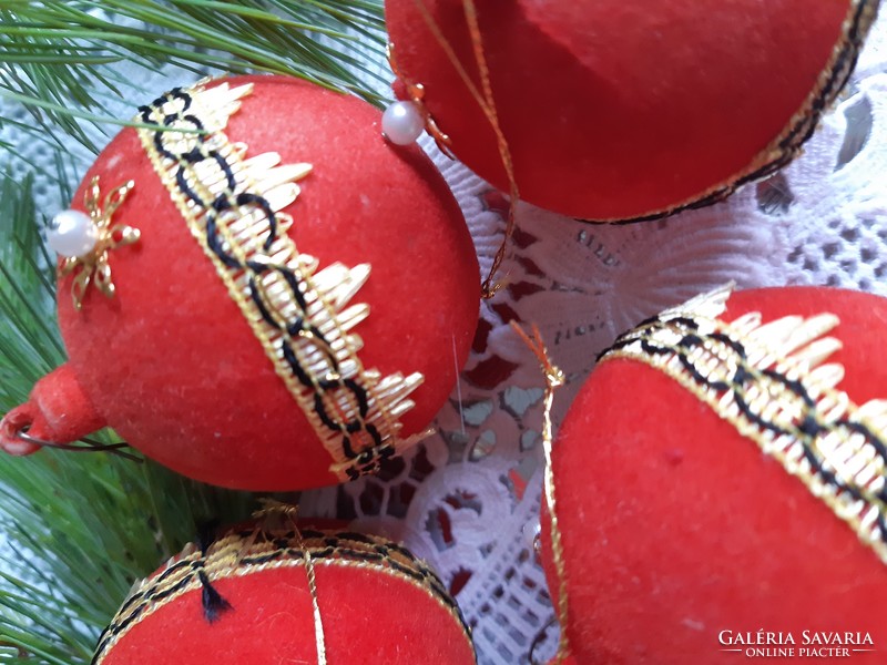 6 old, red velvet Christmas balls