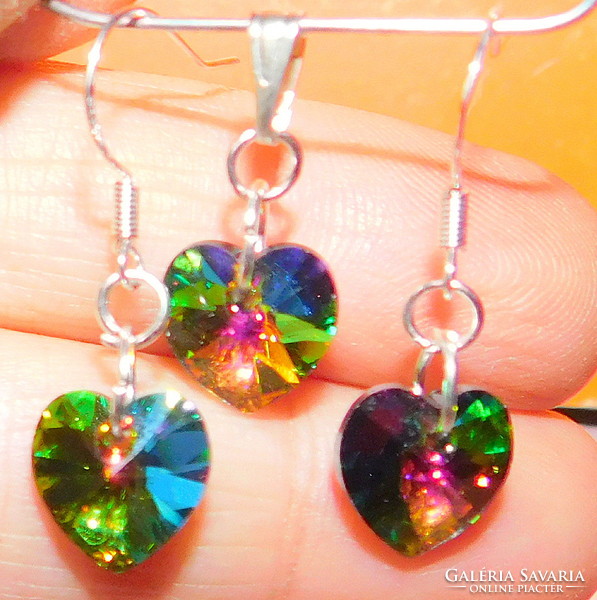 Rainbow crystal heart earrings and pendant set
