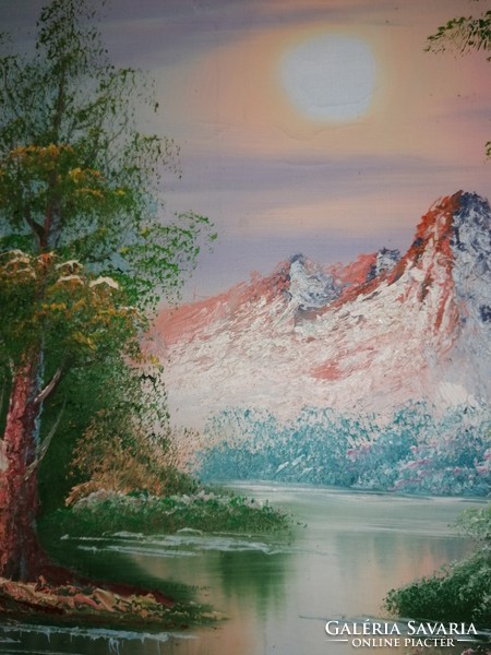 Landscape with pine trees on mountain peaks with oil painting on spanning frame