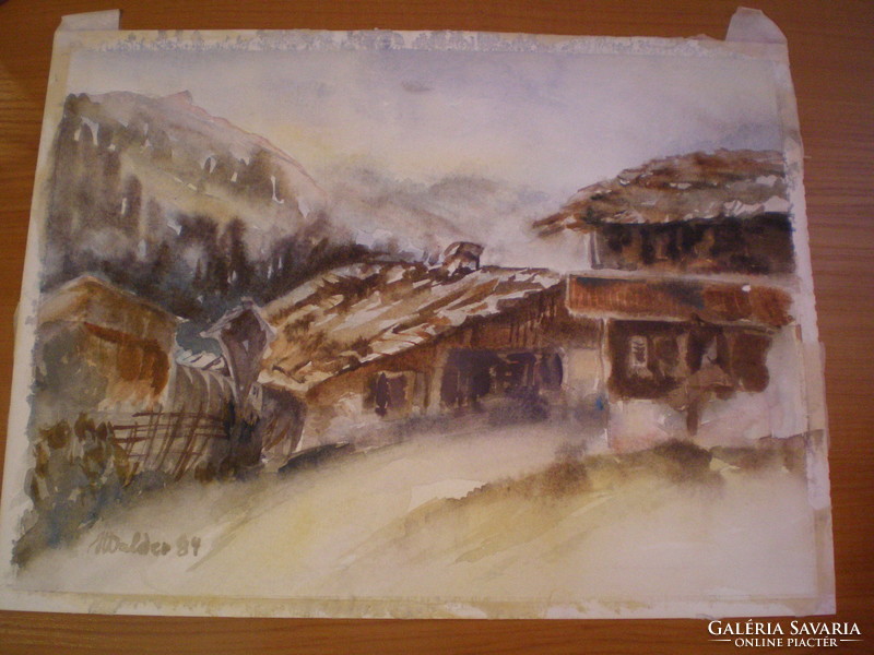 Wonderful watercolor, indicated size 37.5 cm x 27.5 cm. Theme: mountain landscape with pleasant colors.