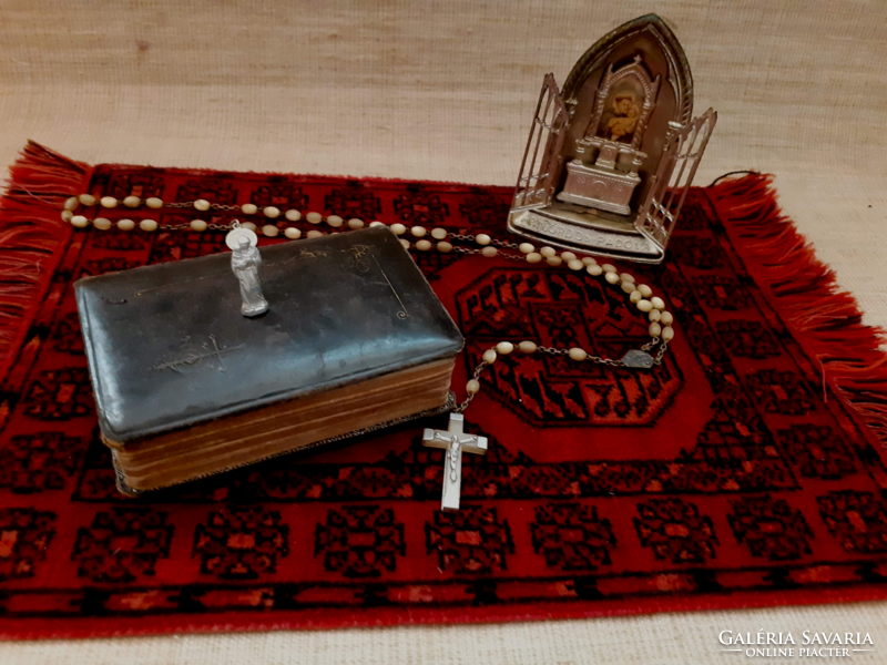 Antique prayer book openable metal home altar, small traveling sacred wool prayer mat for sale together