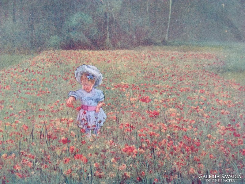 Antique art card / postcard, little girl in the poppy field, flowers circa 1910-20