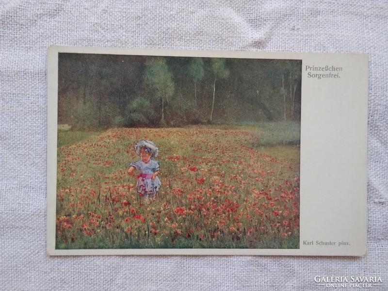 Antique art card / postcard, little girl in the poppy field, flowers circa 1910-20