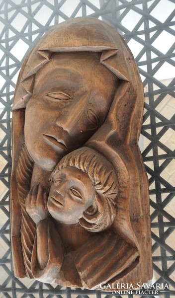 Miskolczi L szobrász : Szűz Mária Kisjézussal fali fa szobor dombormű