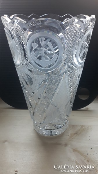 Midcentury extra large, thick-walled lead crystal vase with military / military / military symbols,